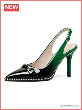 Women's Beaded Slingback Pumps Pointed Toe High Heel Stilettos Patent Leather